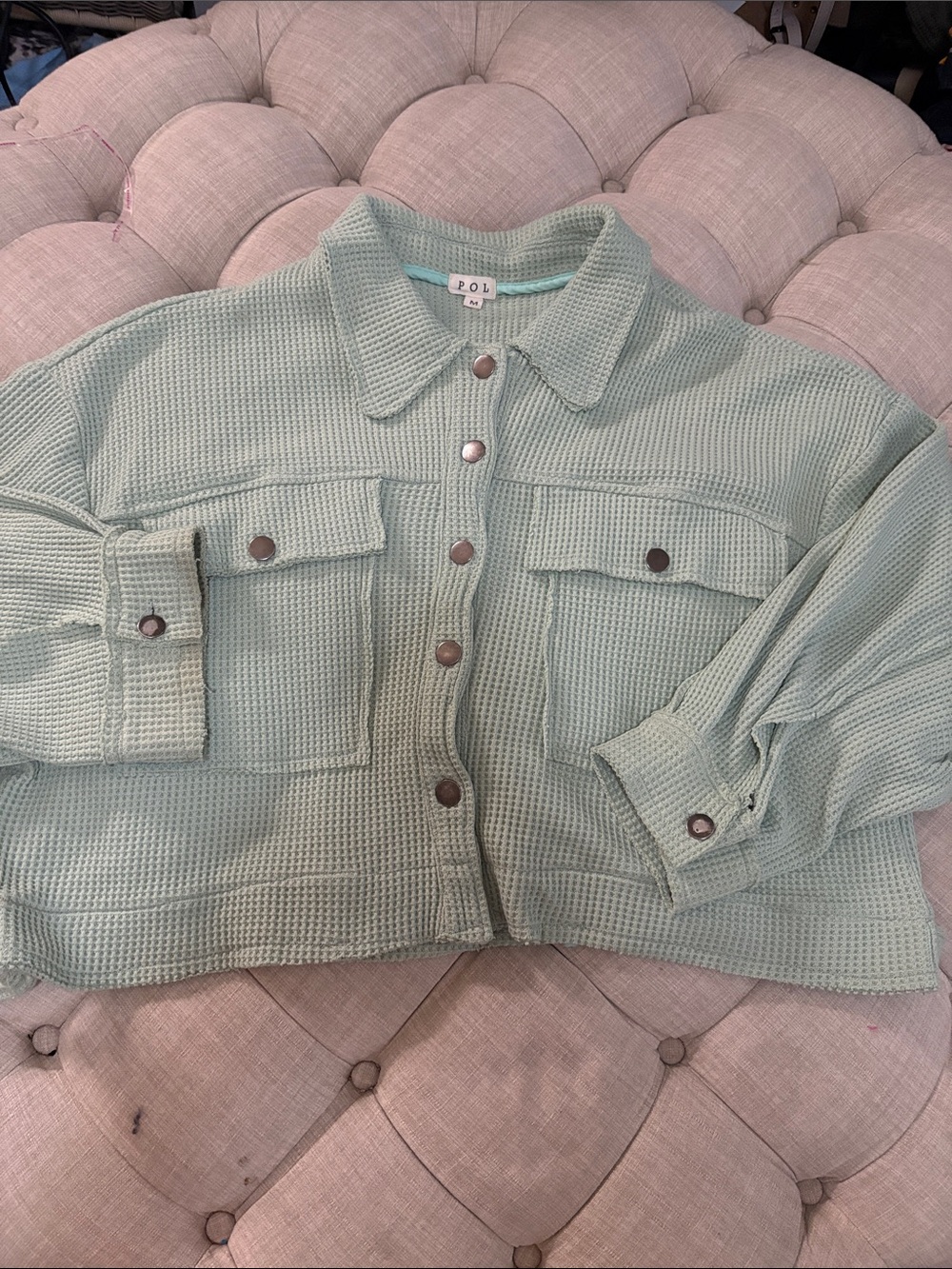 POL Mint Green Waffle Knit Utility Jacket